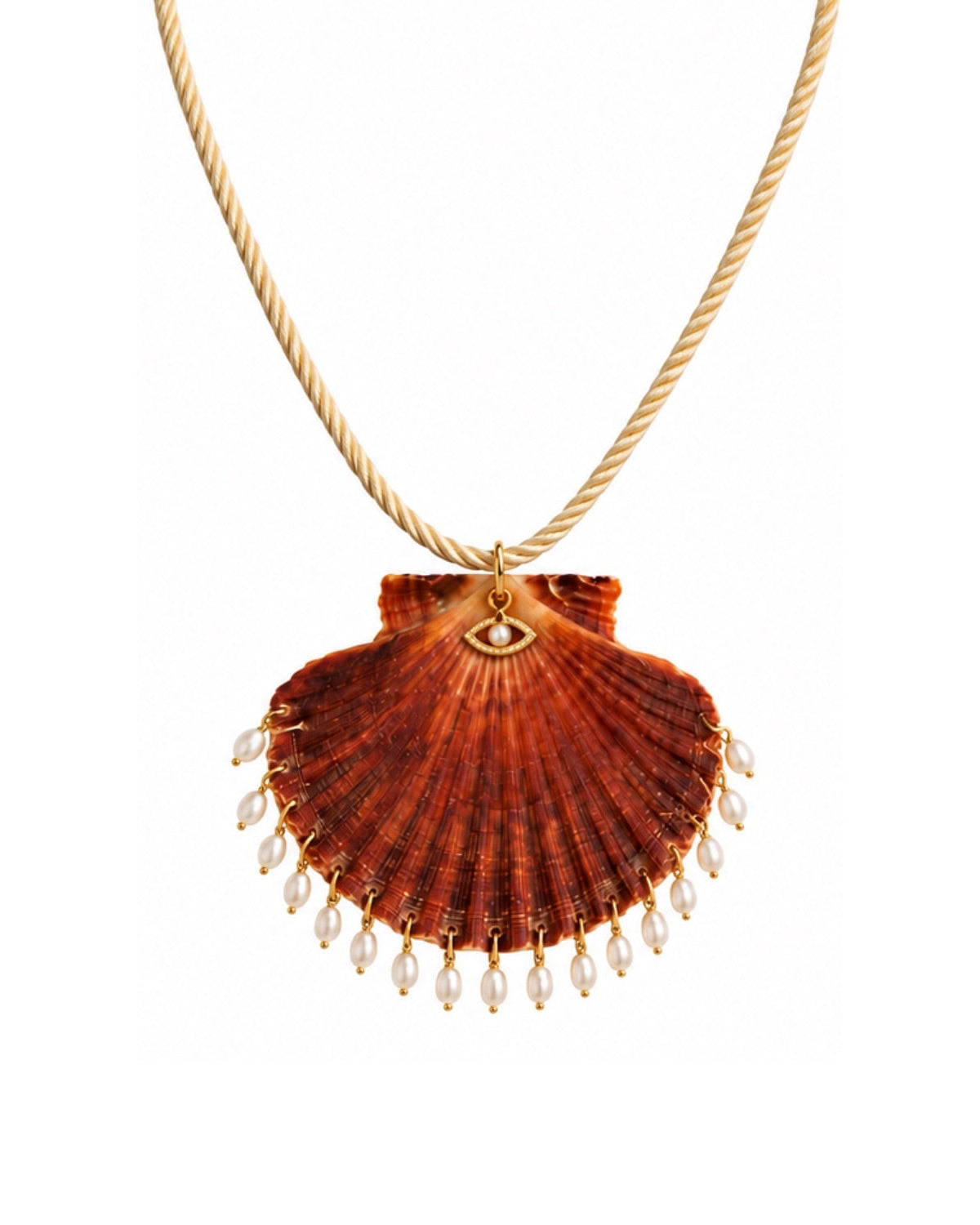 A gold-toned necklace featuring a scallop shell pendant with dangling clear teardrop crystals, shown against a plain white background.