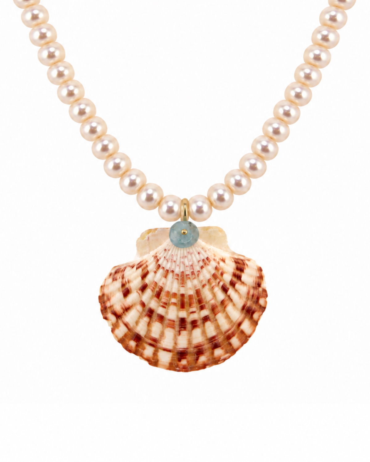 A pearl necklace featuring a large scallop shell pendant with brown and cream stripes and a small light blue bead accent at the top, shown on a plain white background.