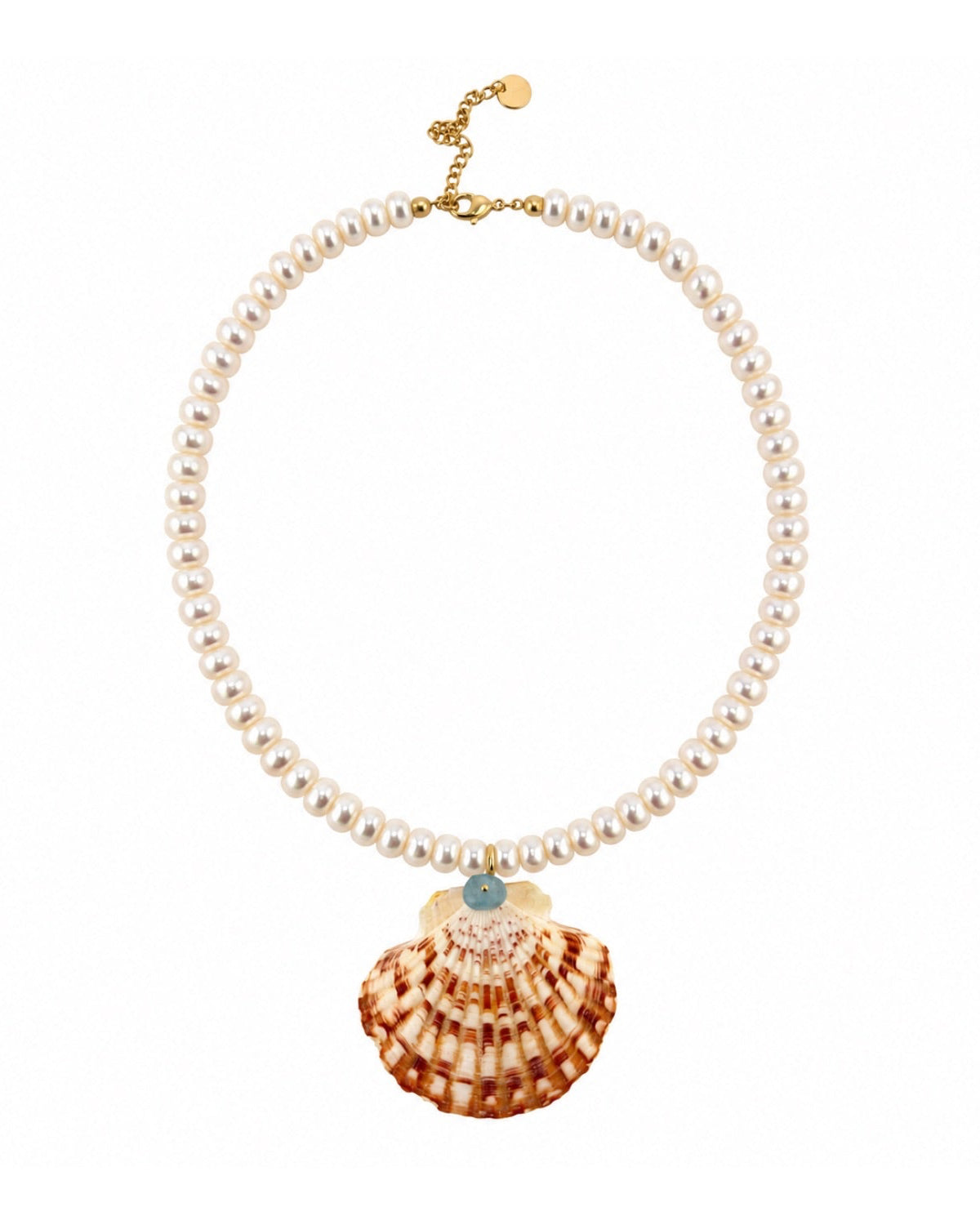 A pearl necklace with a scallop shell pendant and a small blue stone, displayed on a clean white background.