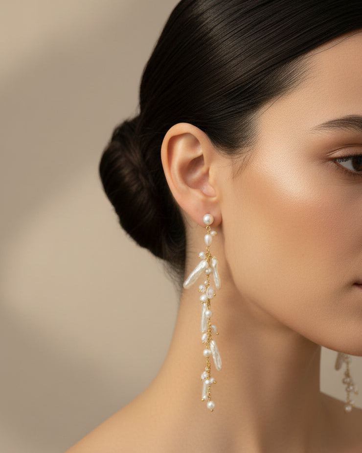 Golden Floating Pearl Earrings