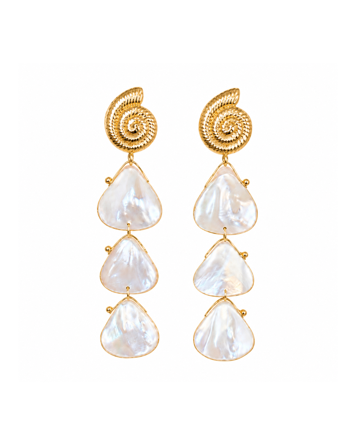 A pair of gold drop earrings featuring a textured spiral shell design at the top and three cascading pear-shaped mother-of-pearl teardrops, set against a plain white background.