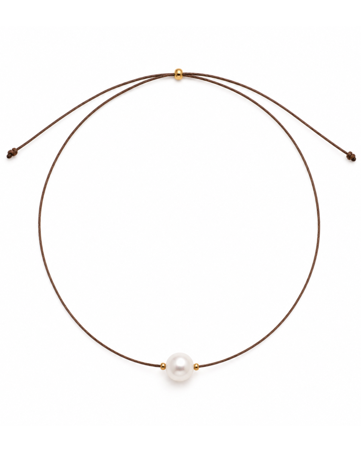 A delicate double-strand brown cord necklace featuring a single white freshwater pearl centered on the front, accented by small gold spacers and an adjustable sliding clasp.