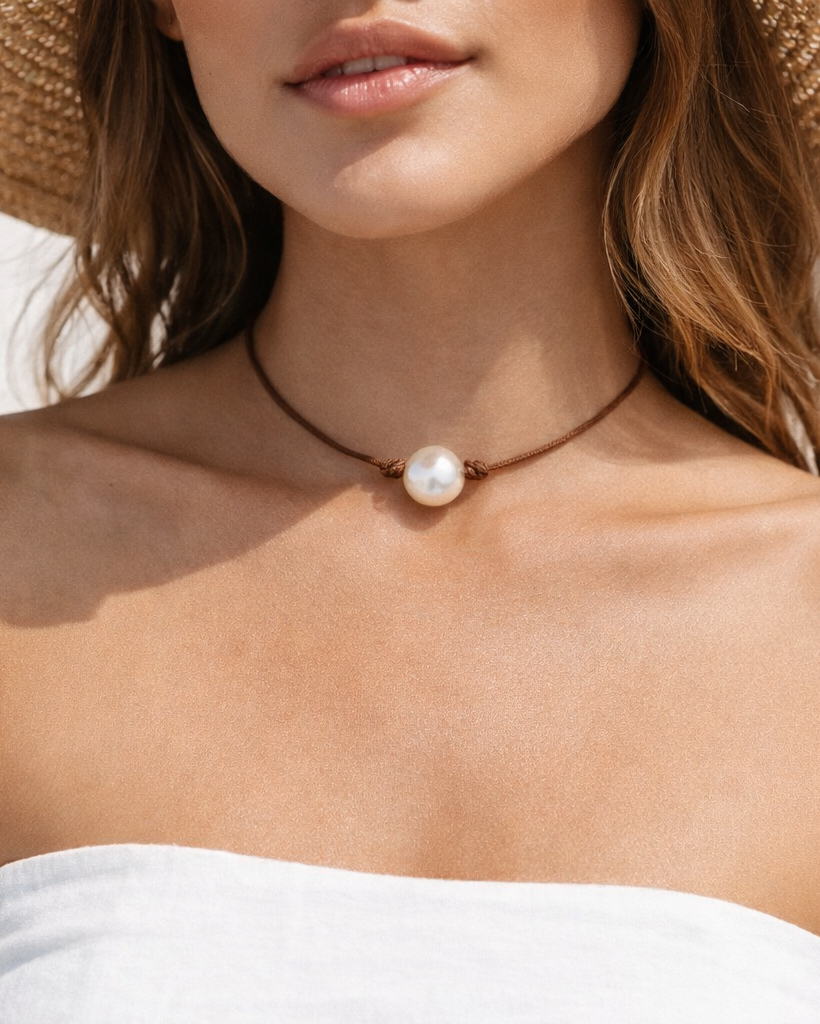 Close-up of a woman wearing a pearl necklace with a straw hat and white top.