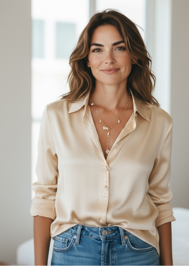 Woman wearing a beige shirt and blue jeans indoors