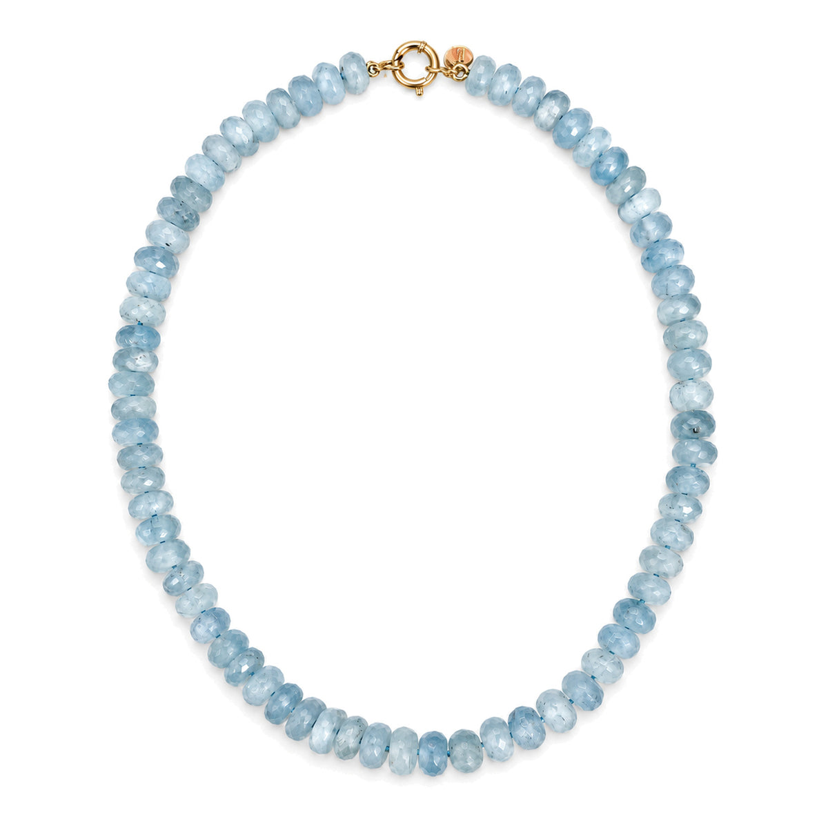 A beaded necklace made of faceted light blue gemstone beads, featuring a gold clas.Gift - Ready.
