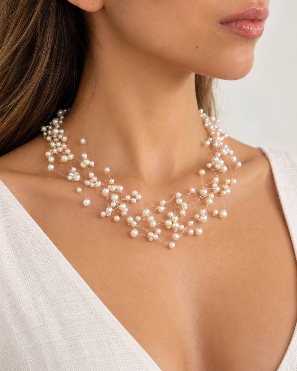 A close-up of a woman wearing a delicate multi-strand pearl necklace with small pearl accents on fine chains, styled with a white sleeveless top against a light neutral background.