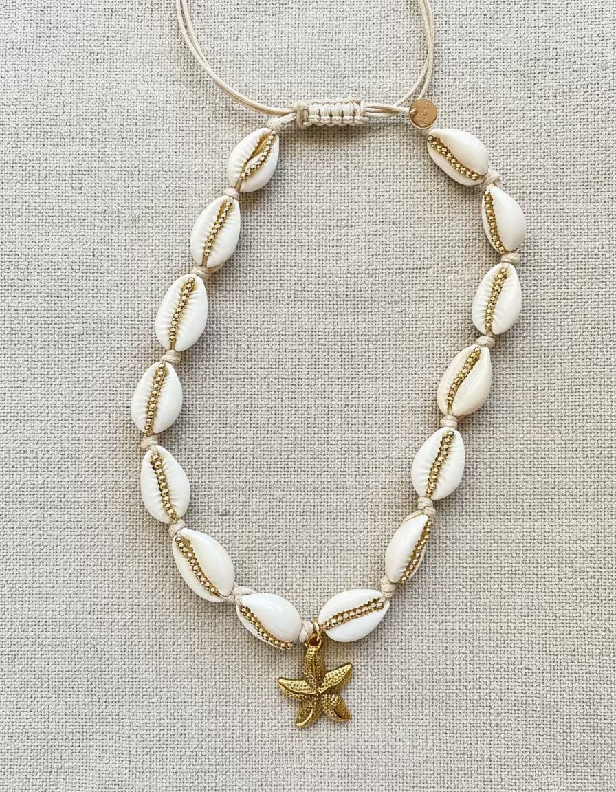 Necklace with white shell beads and gold pineapple charm on a textured beige background