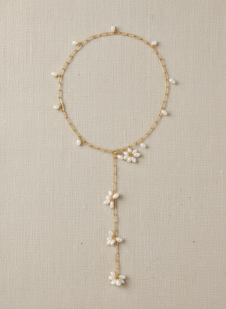 Gold chain necklace with floral pendants on a white background