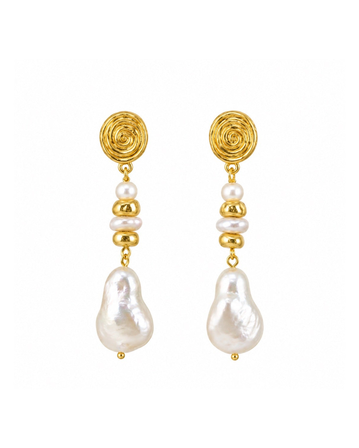 A pair of gold and pearl drop earrings featuring a textured spiral gold top, small white pearls, gold spacer beads, and a large baroque-style white pearl dangle, shown on a plain white background.