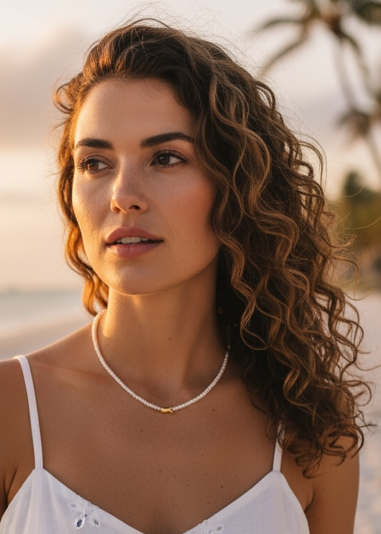 Woman in a white dress standing on a beach with palm trees in the background