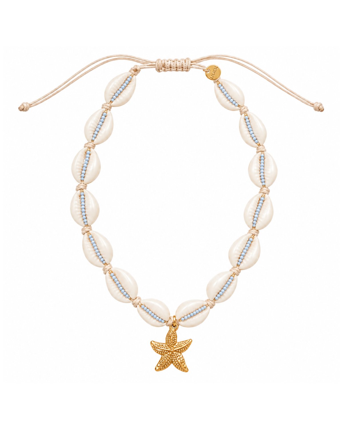 A beaded necklace featuring white cowrie shells, light blue seed beads, and a textured gold starfish charm, suspended on a matching adjustable cord.