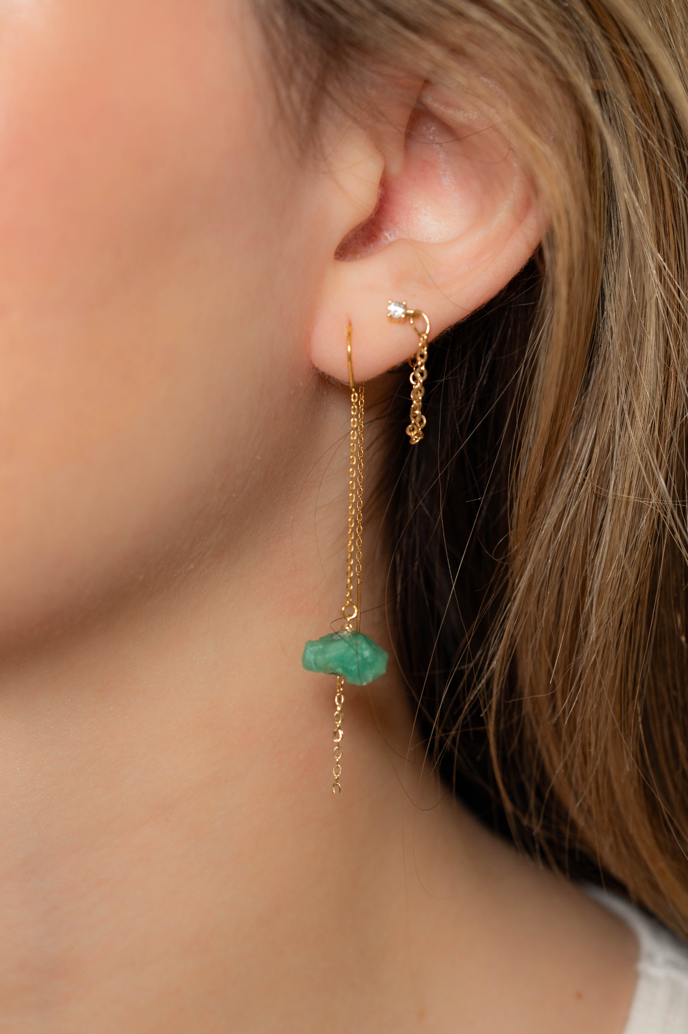 Colombian emerald gold minimalistic earrings raw emerald one of a kind hanging chains gold plated.