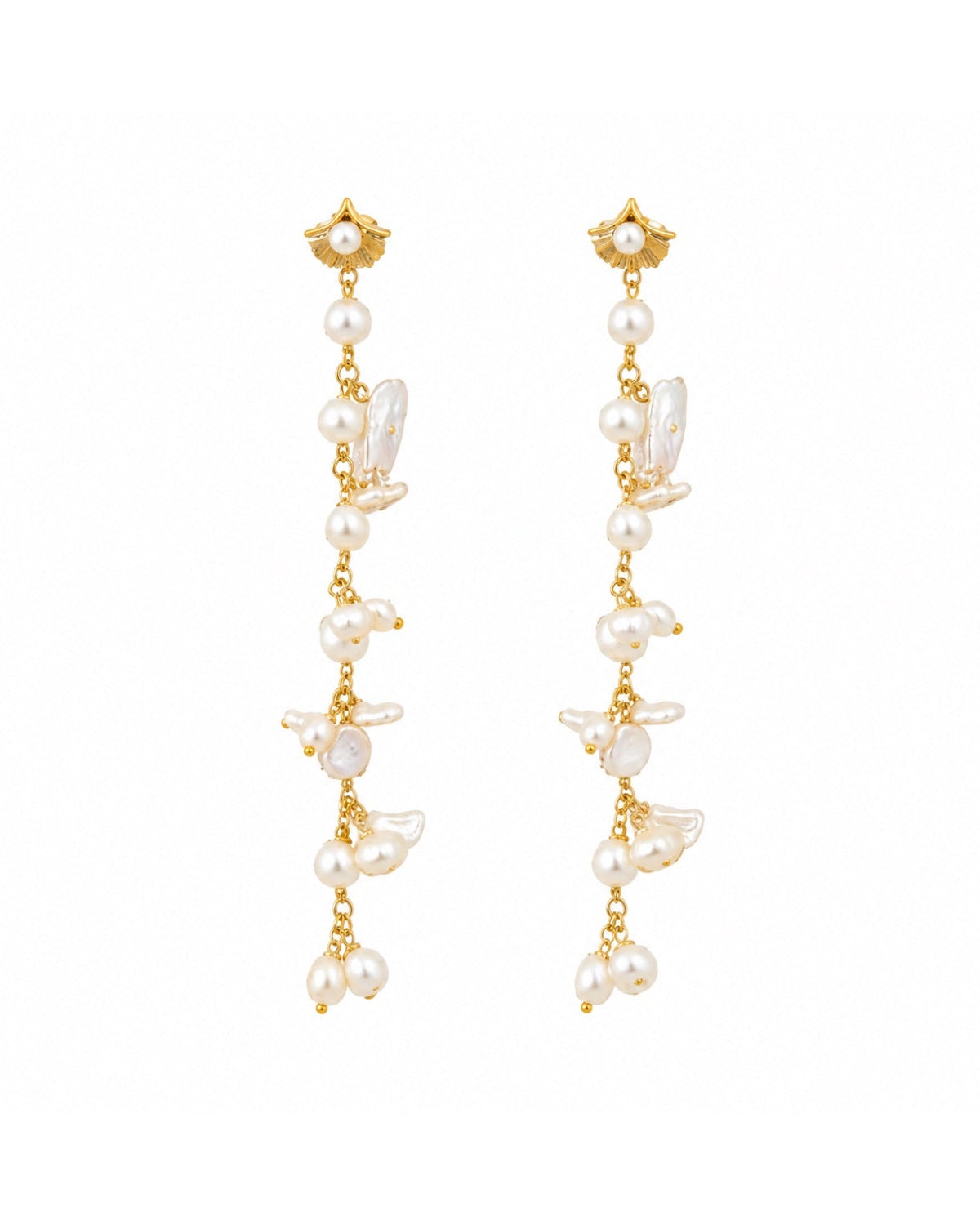 A pair of gold and pearl dangle earrings with butterfly and flower details, shown against a plain white background.