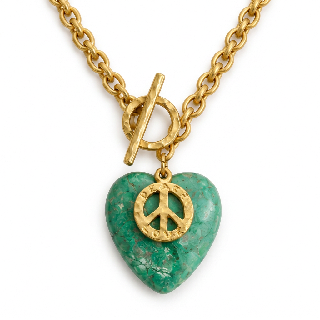 Close-up of chrysocolla heart pendant, gold peace charm and front toggle clasp
