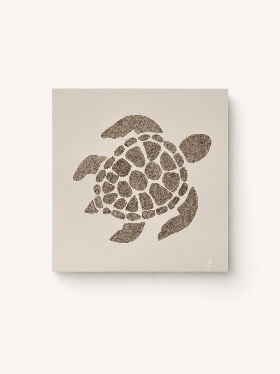 A square canvas wall art print featuring a textured sea turtle design in brown on a warm beige background, shown against a clean off-white wall.