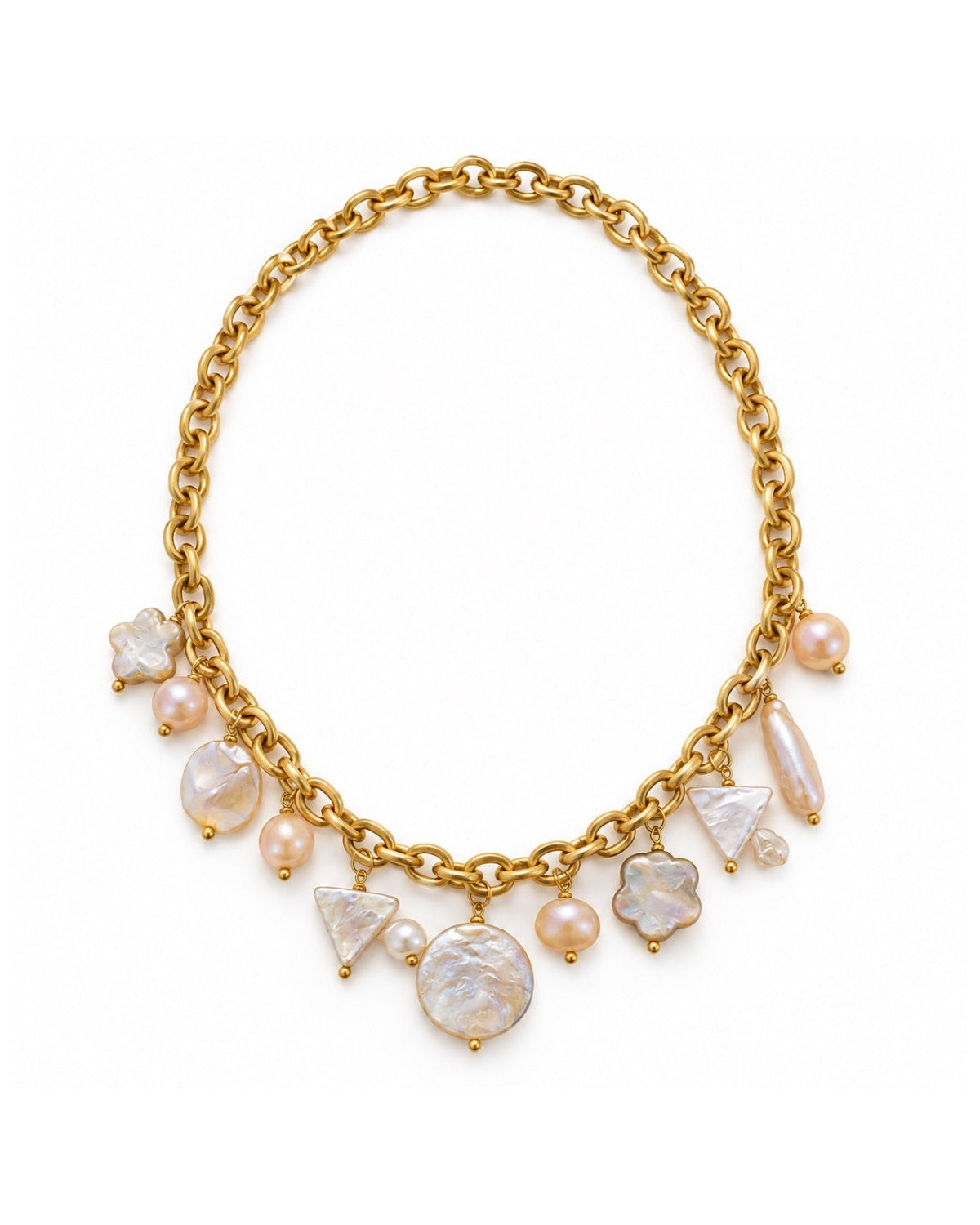 A gold chain necklace with dangling charms including baroque pearls and textured shell-like beads in various shapes, displayed on a clean white background.