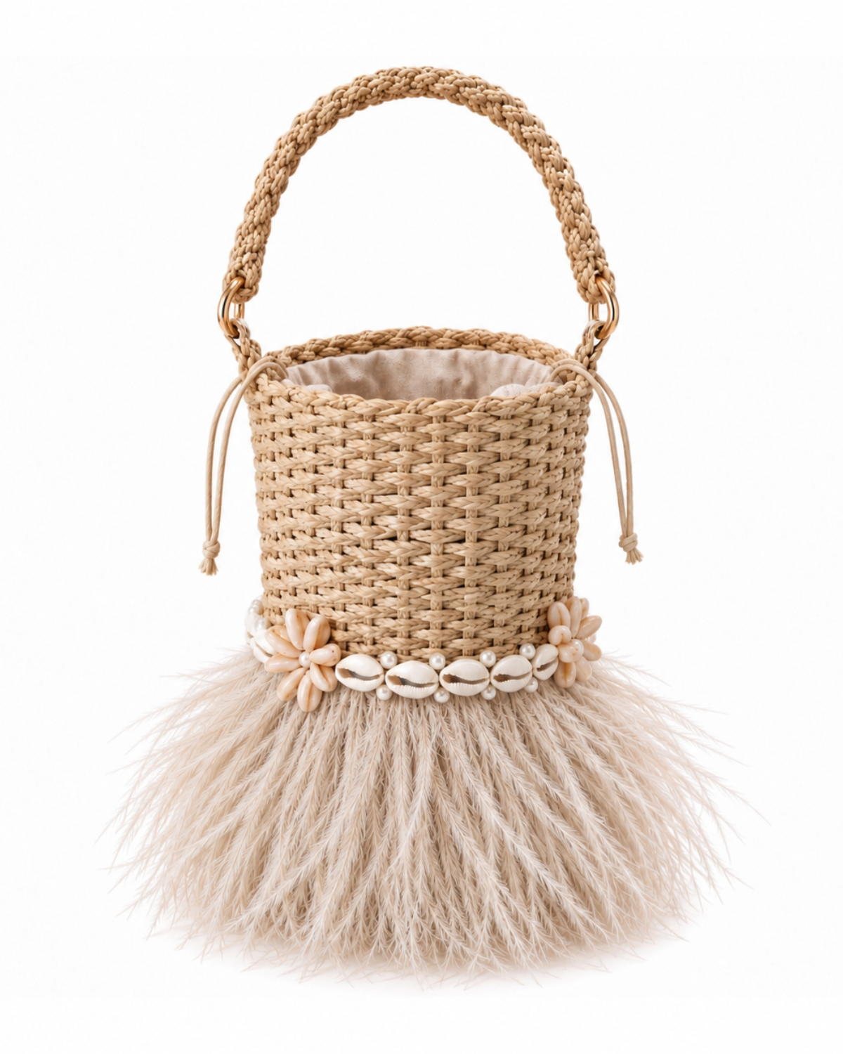 saint tropez bucket bag champagne feathers white background