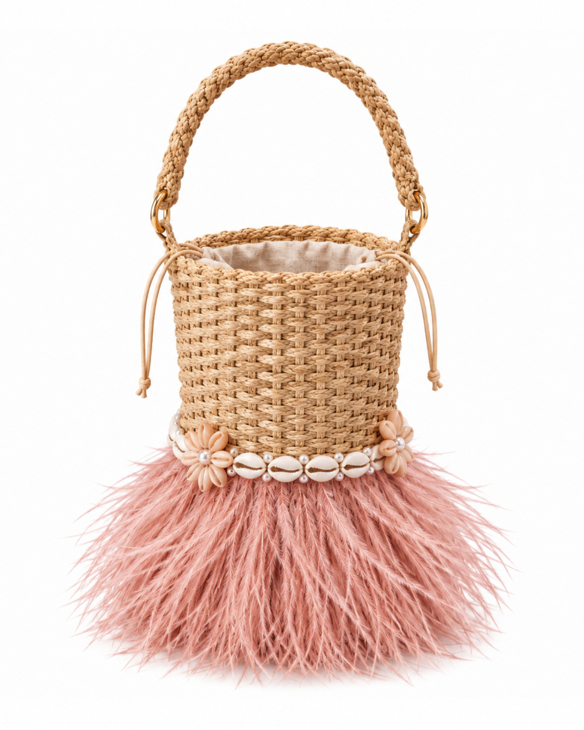 saint tropez bucket bag pink feathers white background