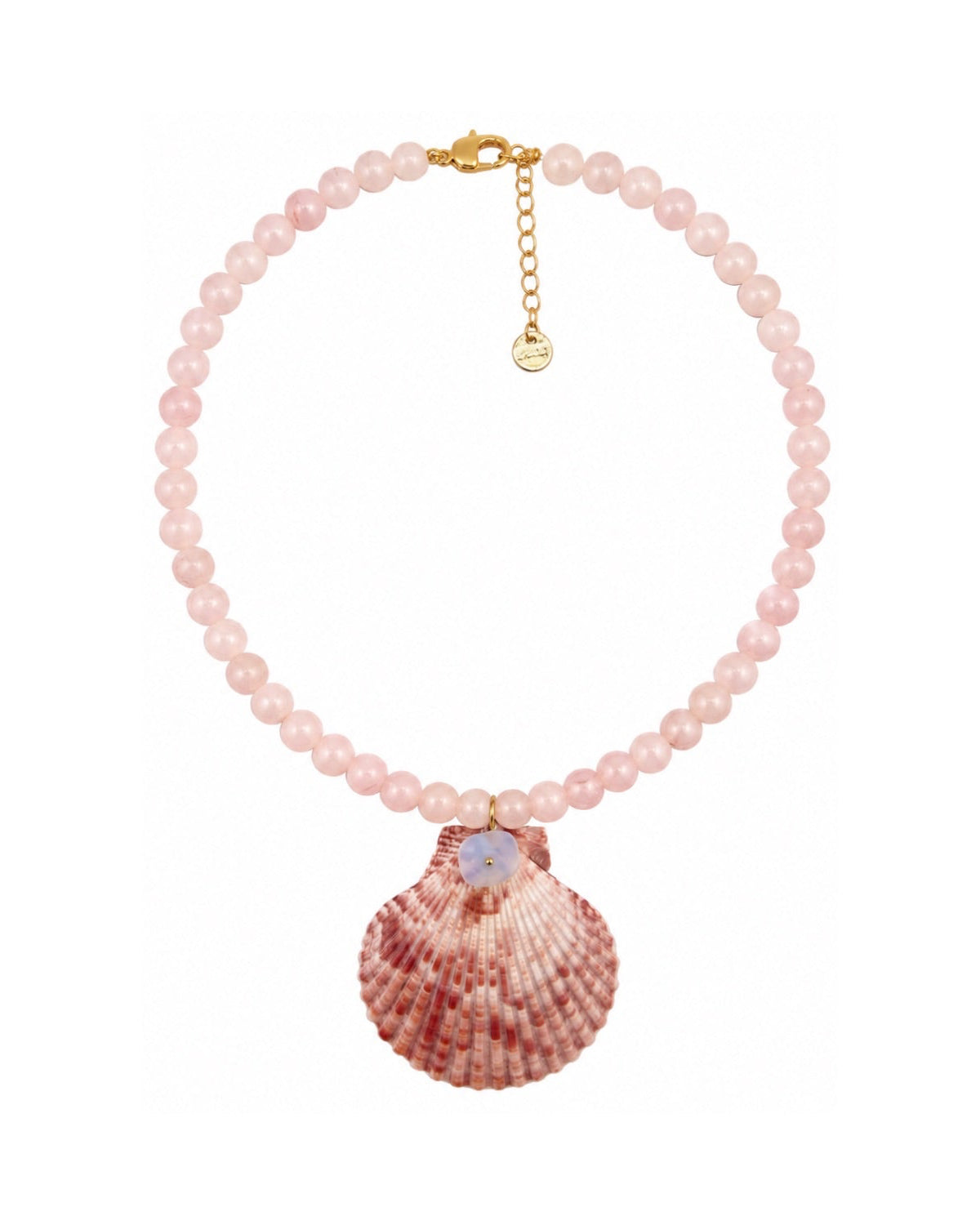 A pink beaded necklace with a scallop shell pendant and gold-tone hardware, shown on a plain white background.