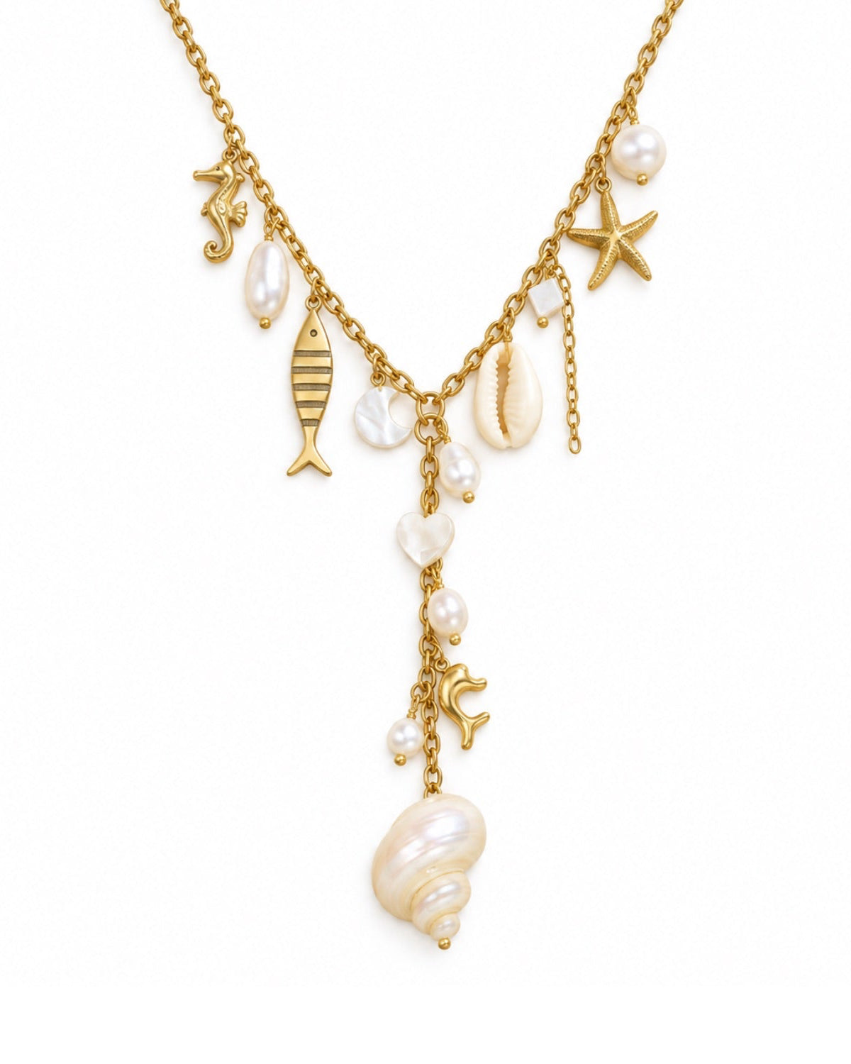 A gold-toned necklace featuring various seashell and sea life charms, including a starfish, fish, seagrass, and a large pearl shell pendant, displayed on a clean white background.