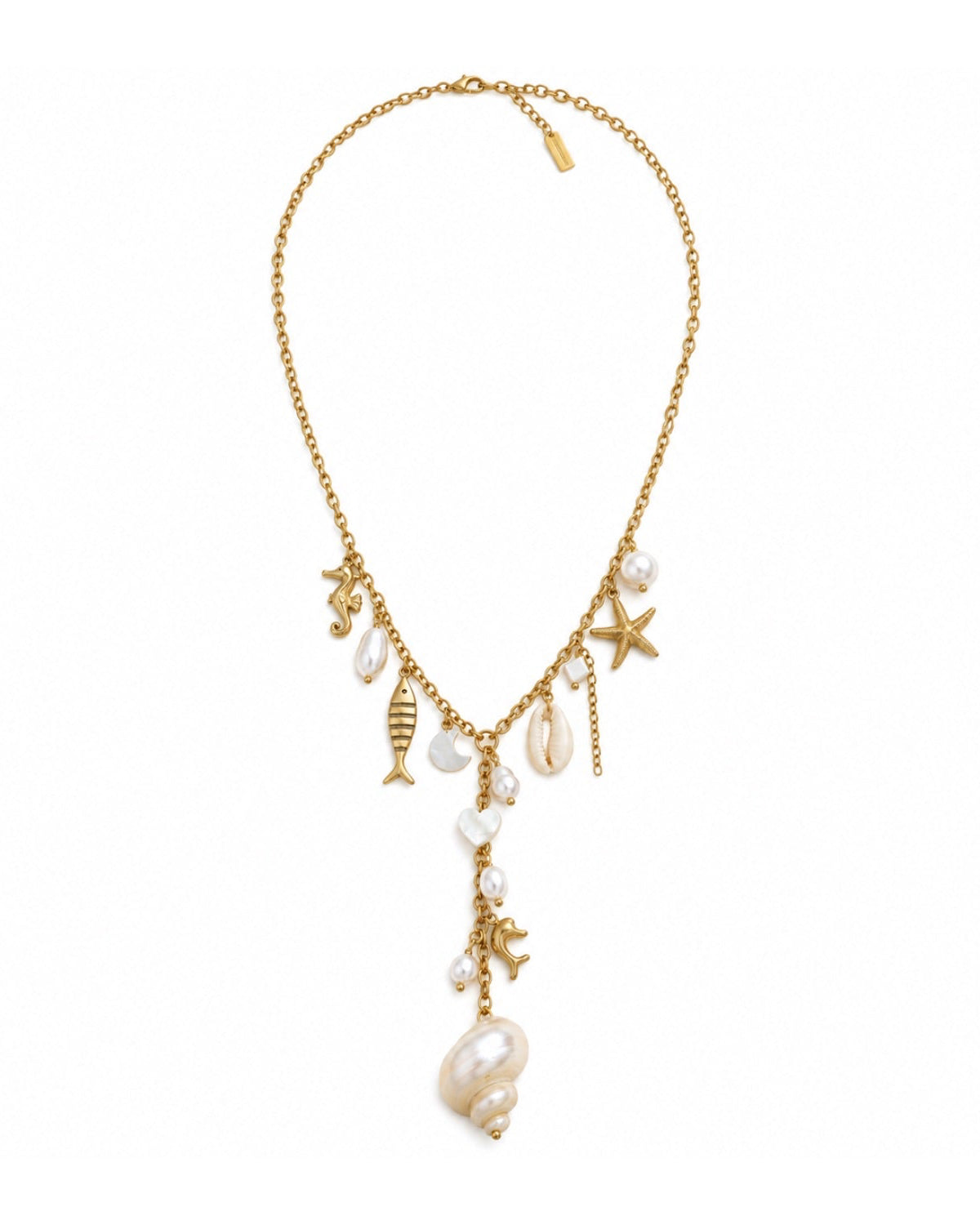 A gold-tone charm necklace featuring various seashell and sea life charms, including a starfish, fish, and shell, with white baroque pearls, shown on a plain white background.