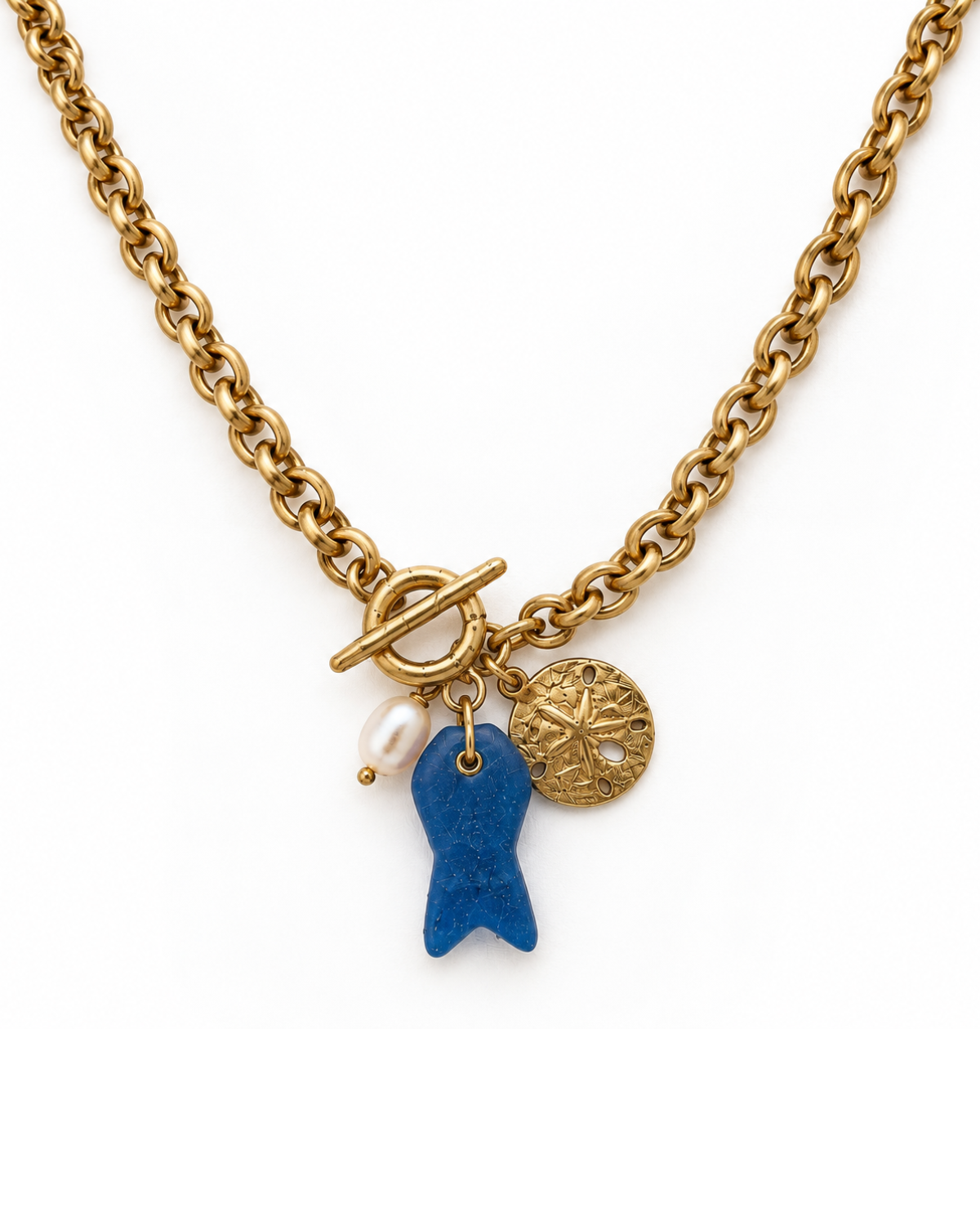 Capri fish charm necklace details white background by lalinde