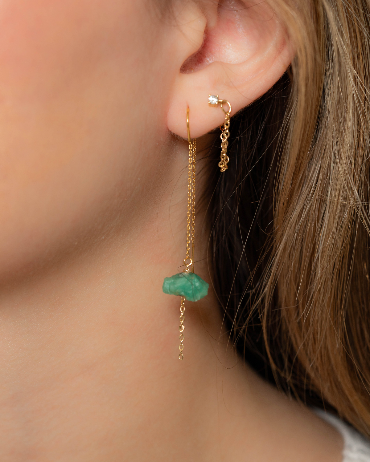 Colombian emerald gold minimalistic earrings raw emerald one of a kind hanging chains gold plated. 