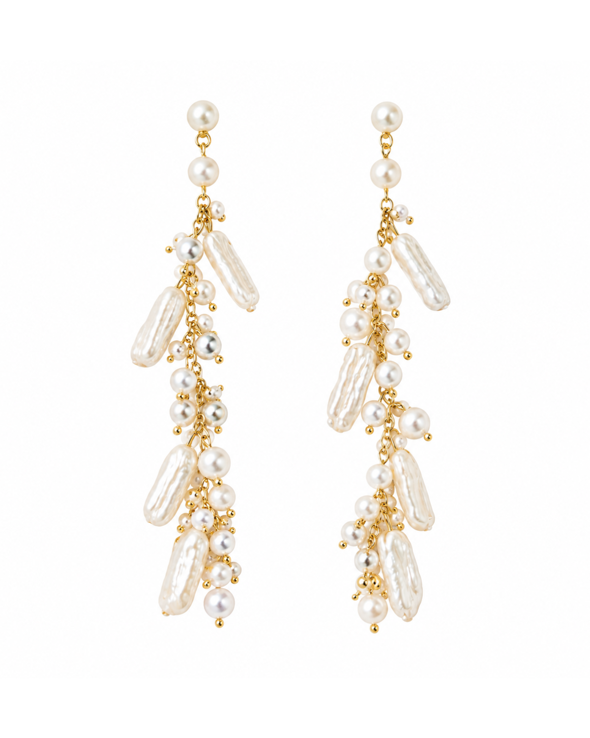 Golden floating pearls earrings white background by LALINDE