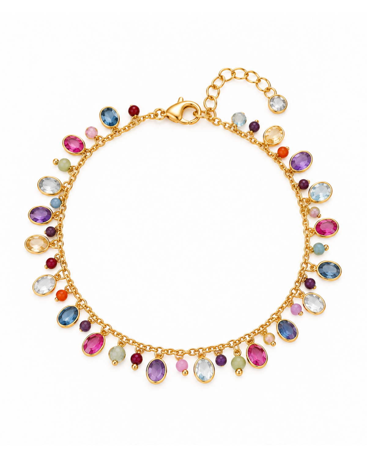A gold chain choker necklace adorned with multiple colorful gemstones in teardrop and oval shapes, displayed on a clean white background.