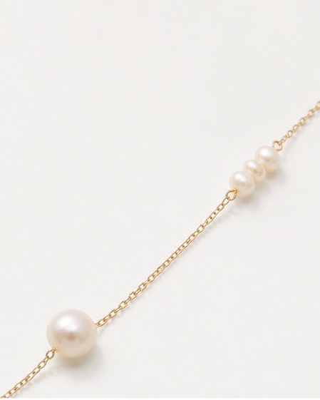 Pearl necklace on a gold chain against a white background
