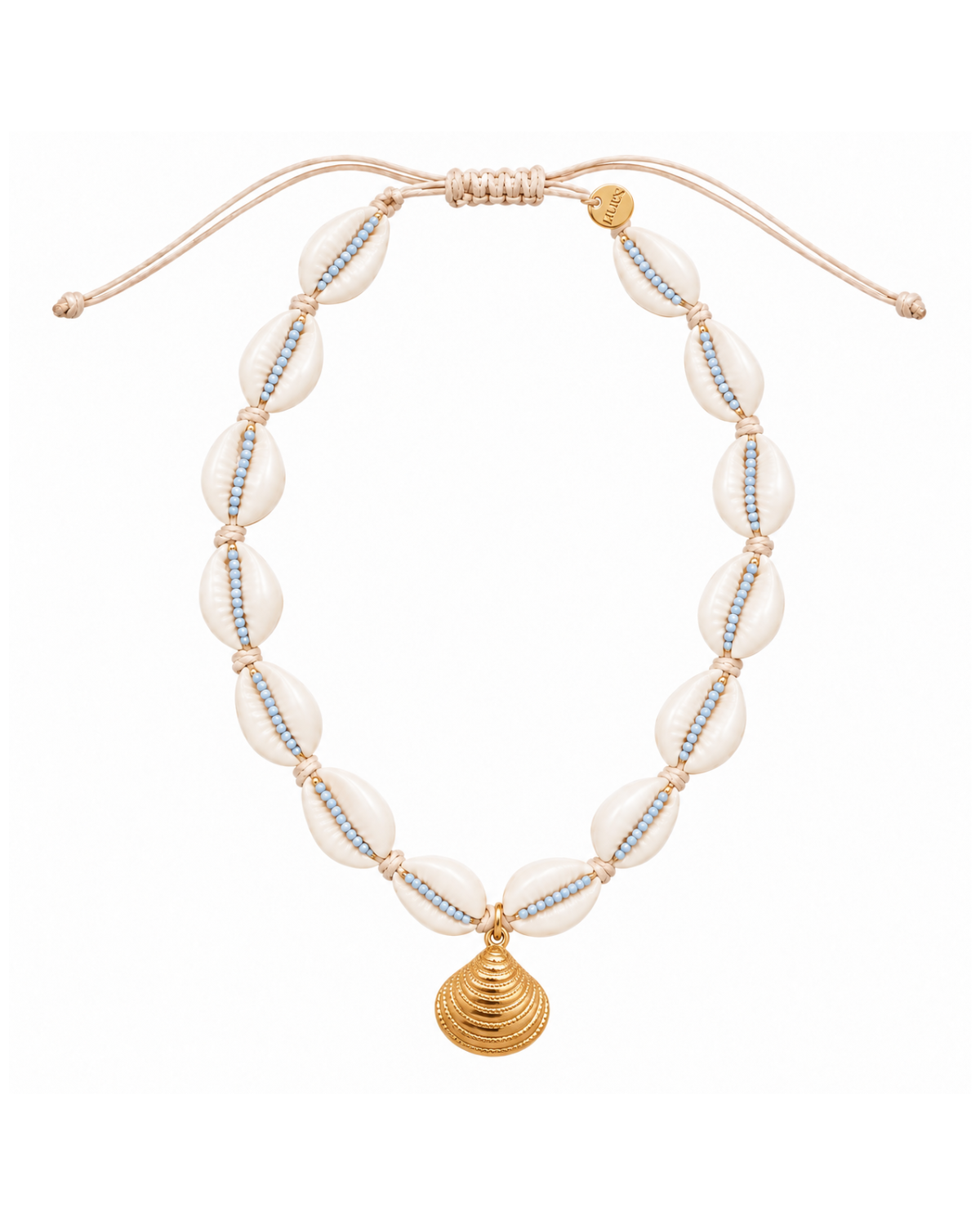 A beaded necklace featuring large white cowrie shells, small light blue beads, and gold-toned metal accents, including a gold shell pendant and adjustable cord closure, shown on a plain white background.
