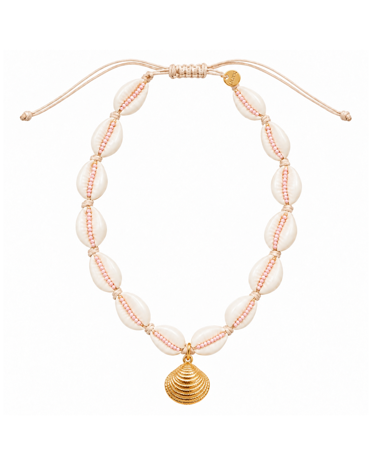 A shell-bead necklace featuring off-white cowrie shells strung on a peach cord with gold-toned beads and a gold shell pendant, shown on a plain white background.