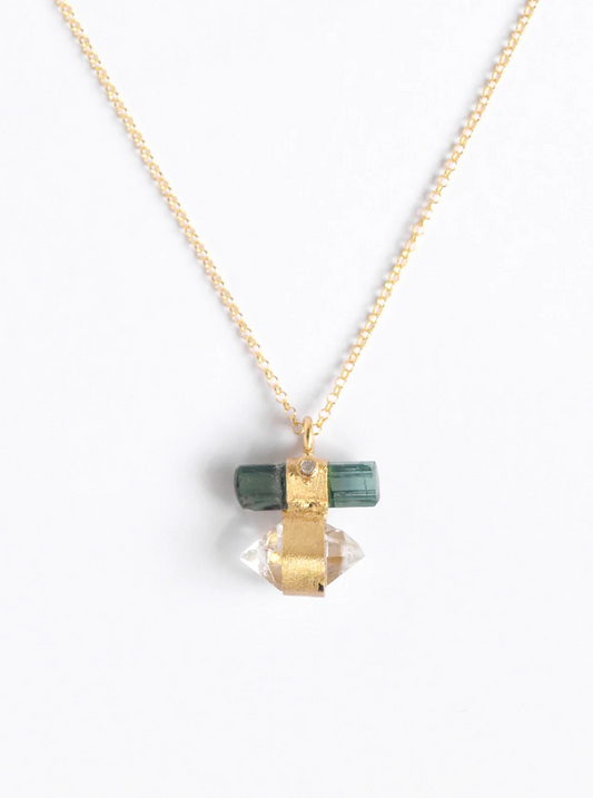 Tourmaline Bar Attached Ponit Herkimer Quartz with Diamond Necklace