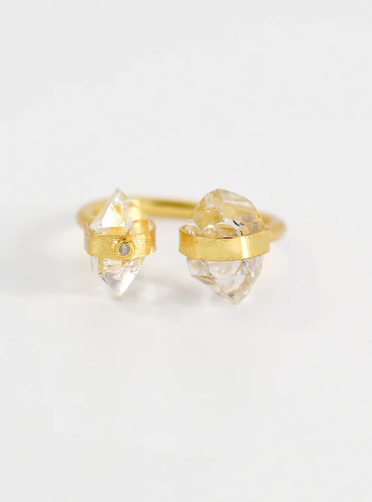 Double Herkimer Diamond with Diamond Open Ring