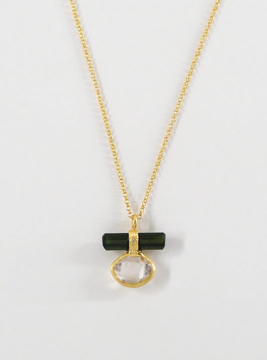 Tourmaline Bar Attached Herkimer Quartz with Diamond Necklace