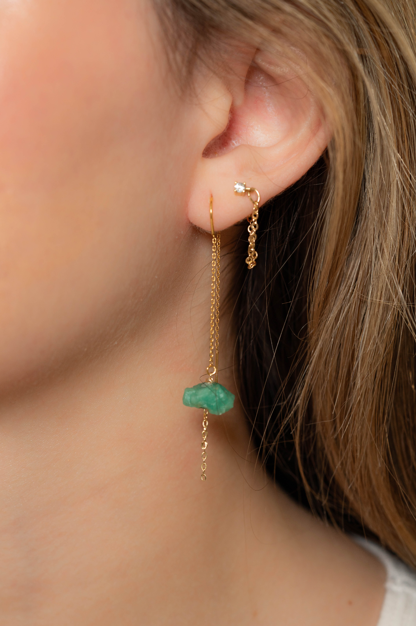 Colombian emerald gold minimalistic earrings raw emerald one of a kind hanging chains gold plated. 