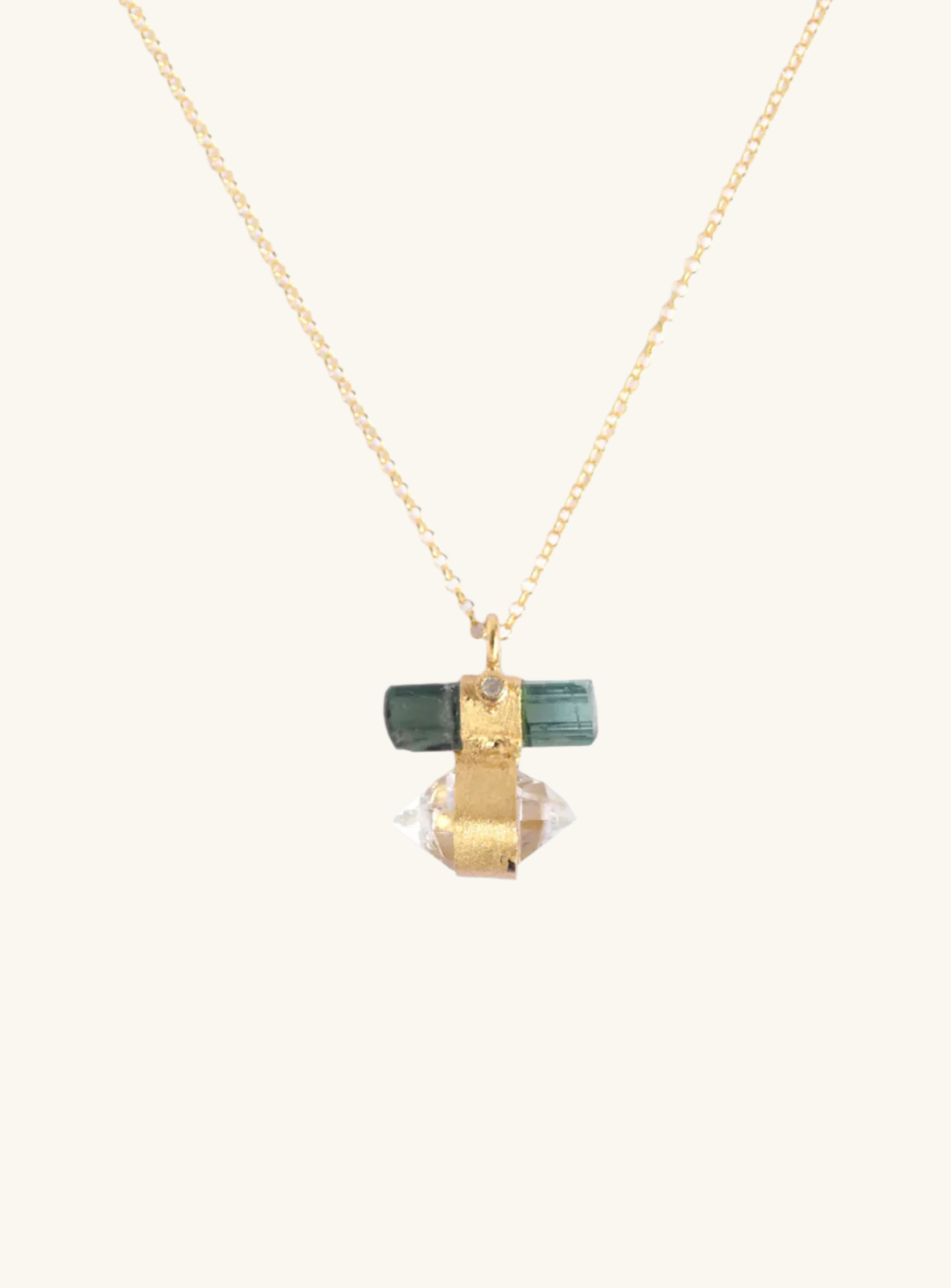 Tourmaline Bar Attached Ponit Herkimer Quartz with Diamond Necklace