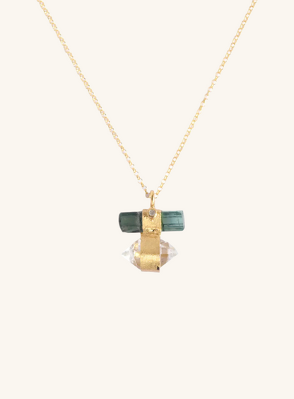 Tourmaline Bar Attached Ponit Herkimer Quartz with Diamond Necklace