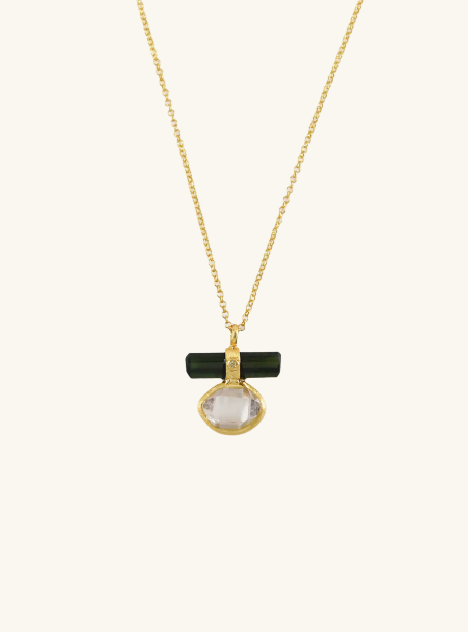 Tourmaline Bar Attached Herkimer Quartz with Diamond Necklace