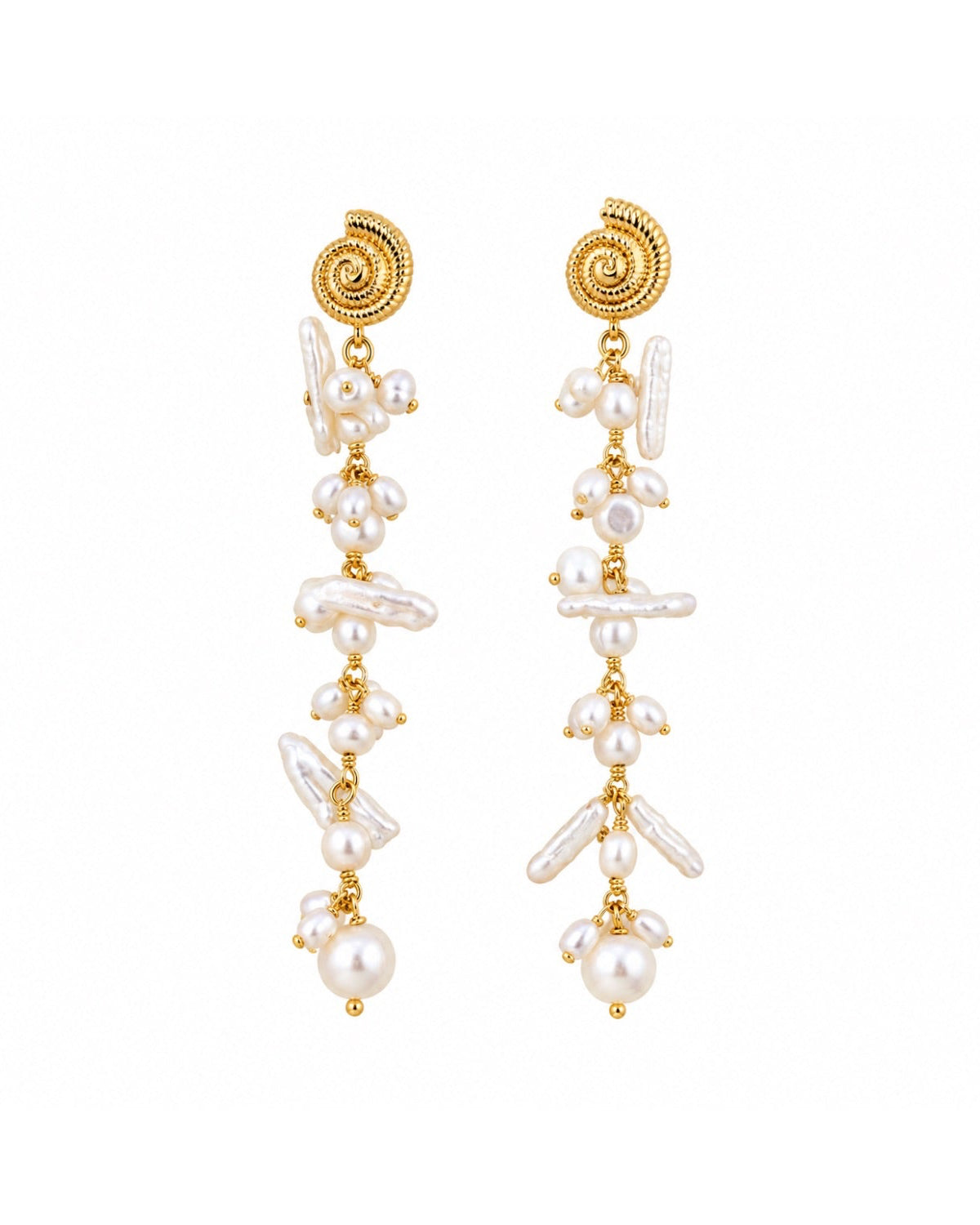 A pair of gold and white pearl dangle earrings on a solid white background.