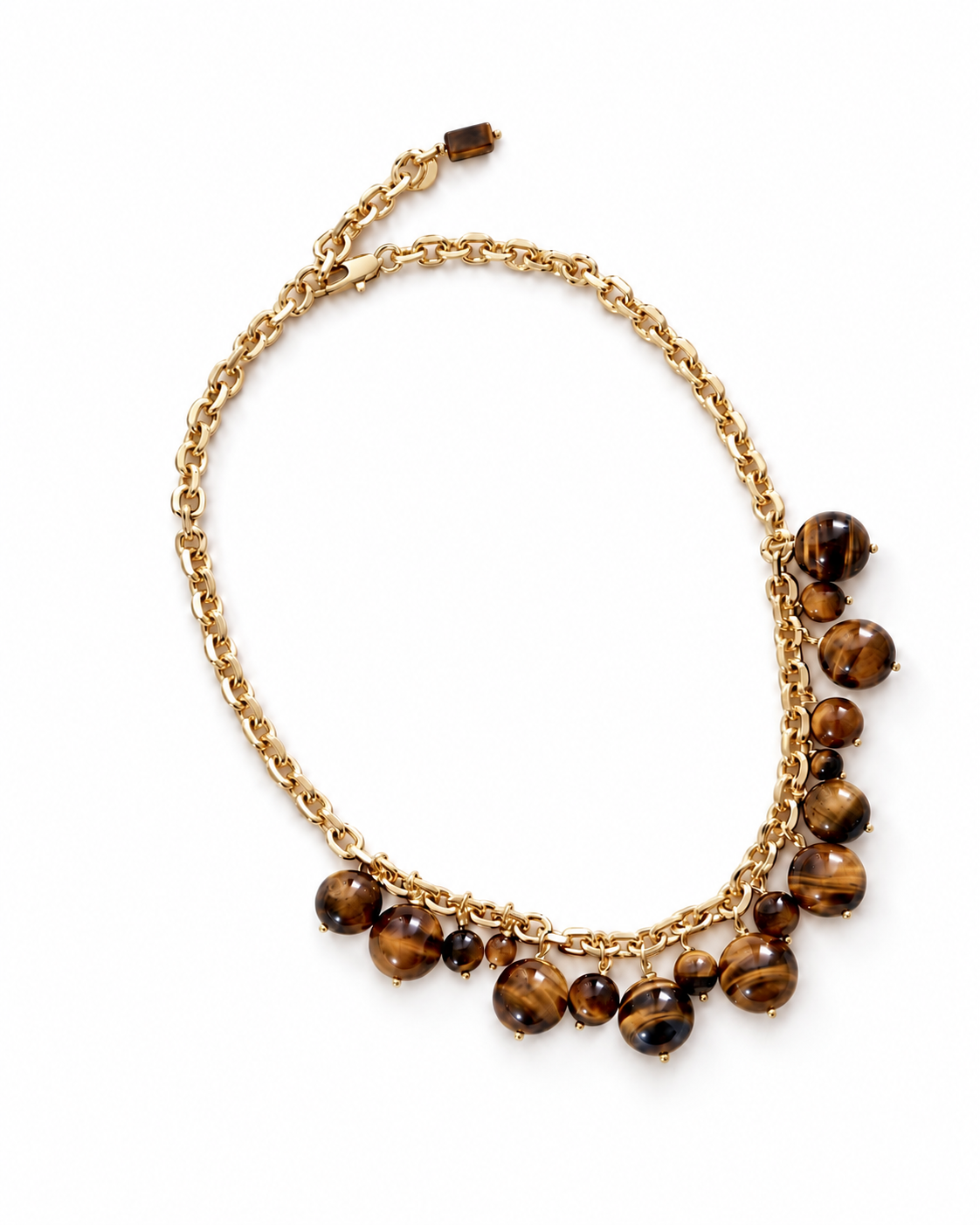 A gold-tone chain necklace featuring a row of polished tiger's eye beads in brown and gold tones, displayed on a clean white background.