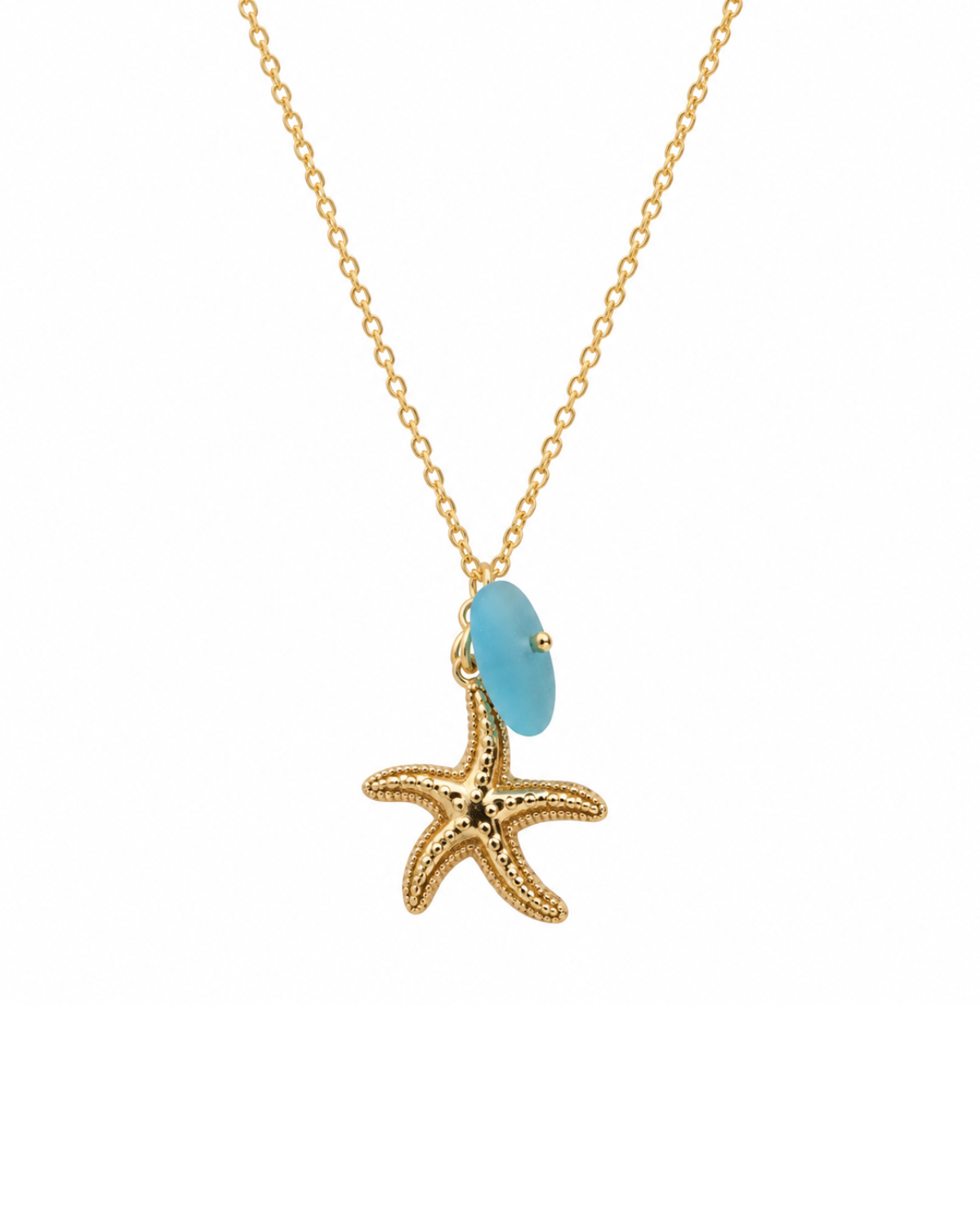 A gold chain necklace featuring a textured gold starfish pendant and a small, smooth light blue stone bead, shown against a plain white background.