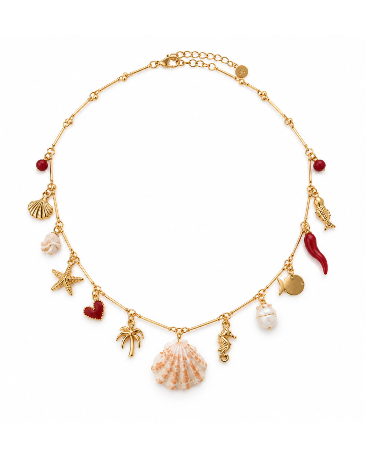 A gold-tone charm necklace featuring various seashell, starfish, and coral-like charms, accented with small red beads and a red chili pepper charm, displayed on a clean white background.