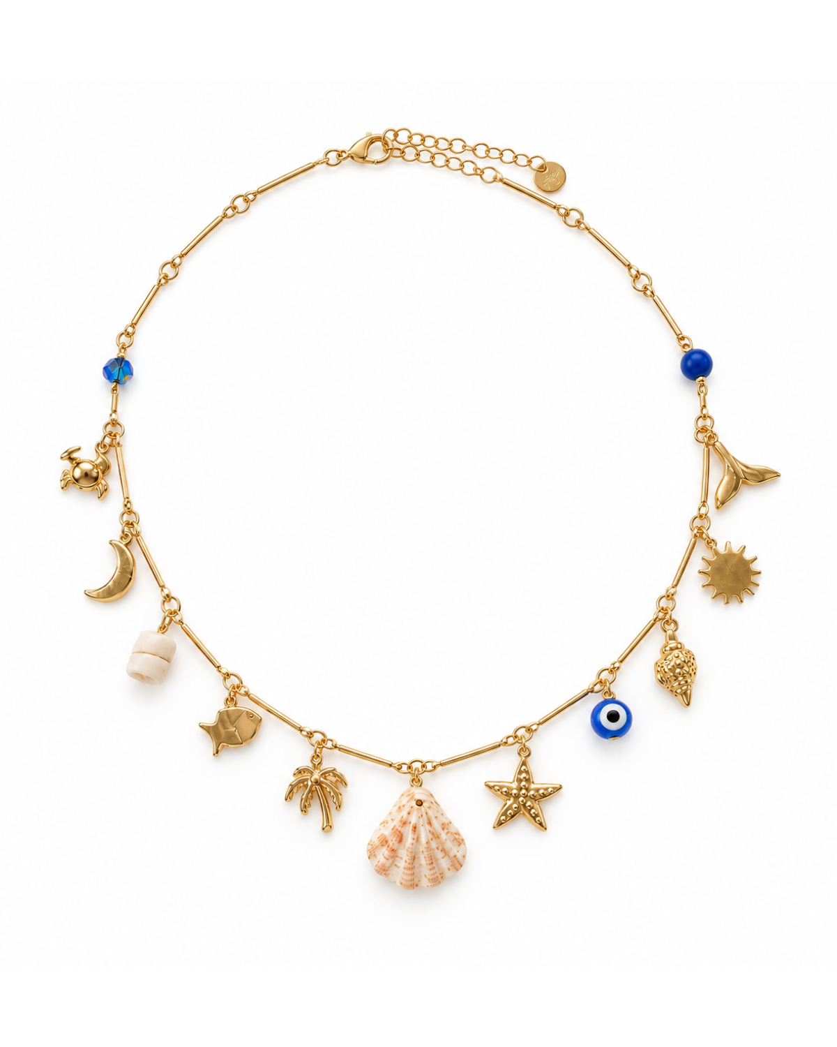 A gold-tone charm necklace featuring various seashell and sea-themed charms, including a starfish, moon, fish, and a blue evil eye bead, displayed on a clean white background.
