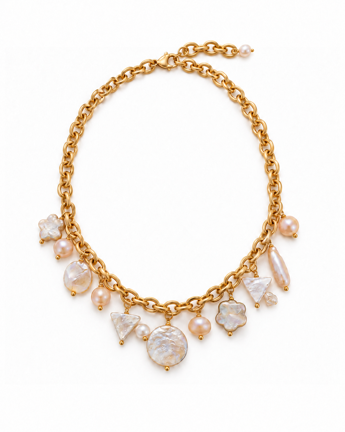 Sunset Baroque Pearl Necklace with lobster clasp and matching chain extender ending in a small pearl.