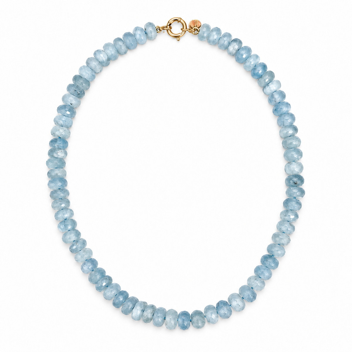 A beaded necklace made of faceted light blue gemstone beads with a gold clasp, displayed on a clean white background.