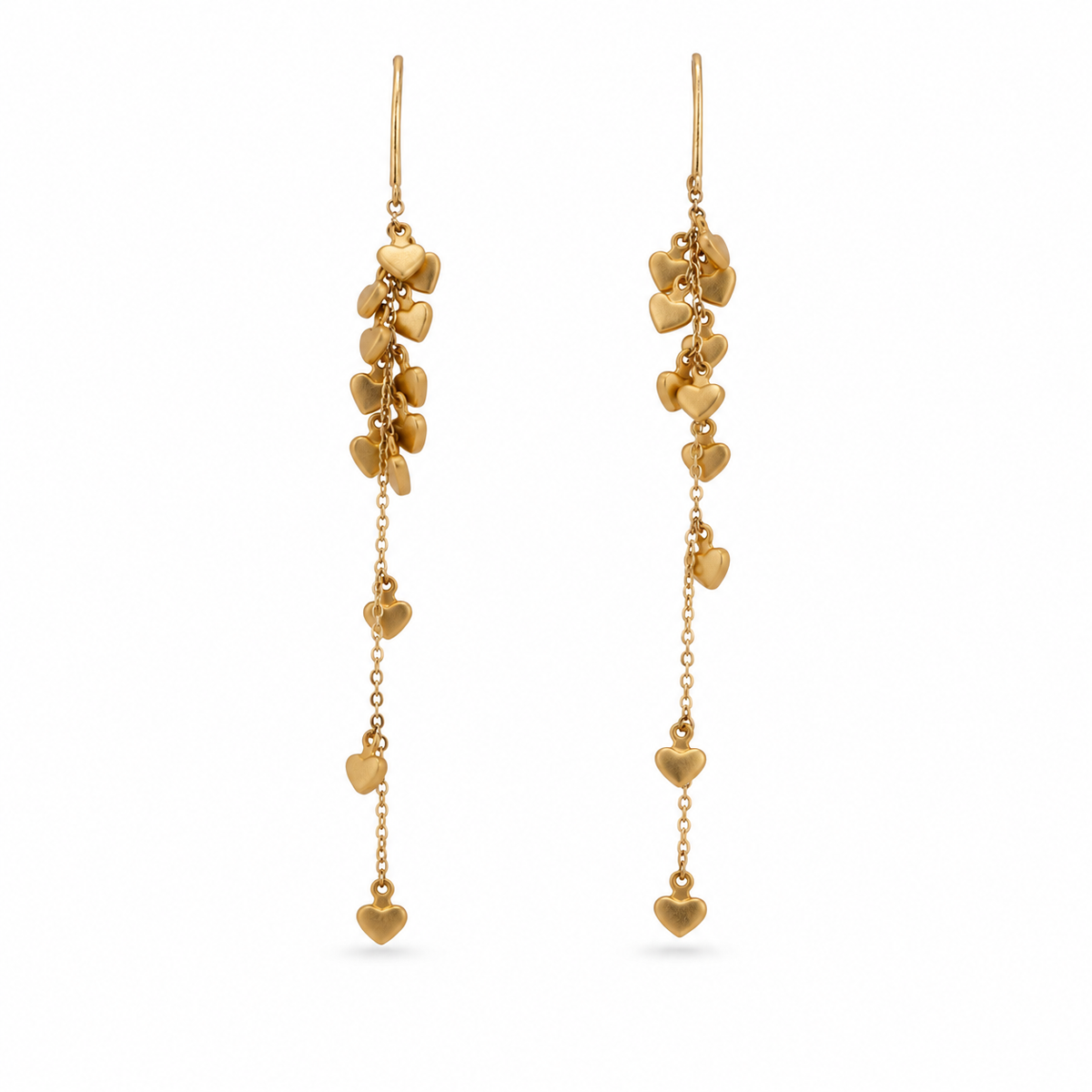 A pair of gold dangle earrings featuring clusters of small heart charms and delicate chains.