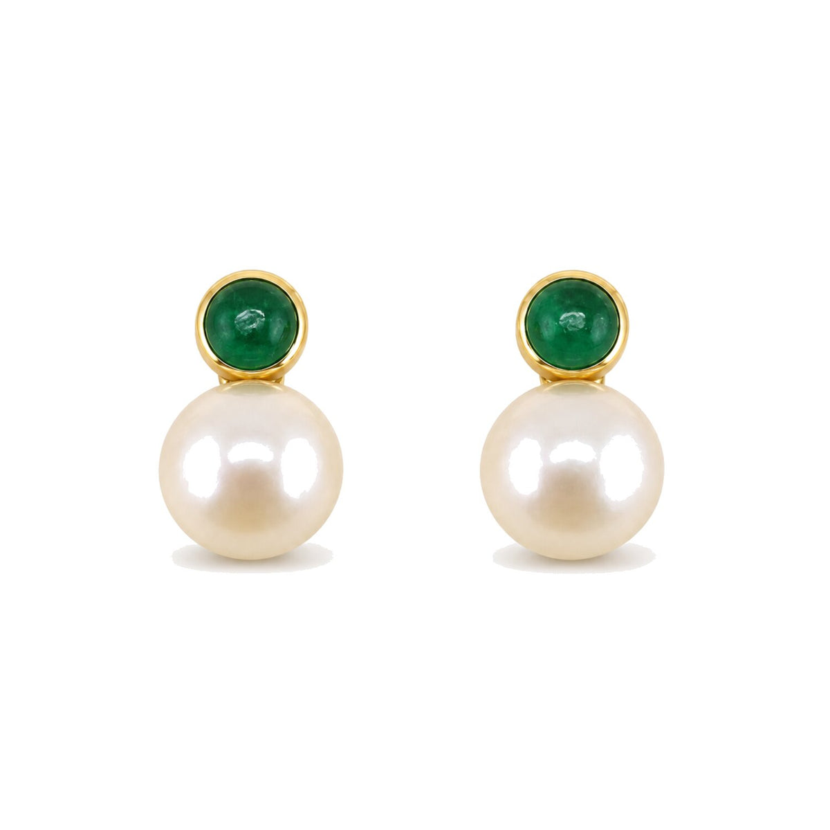 A pair of gold stud earrings featuring a round green cabochon stone on top of a large white pearl.