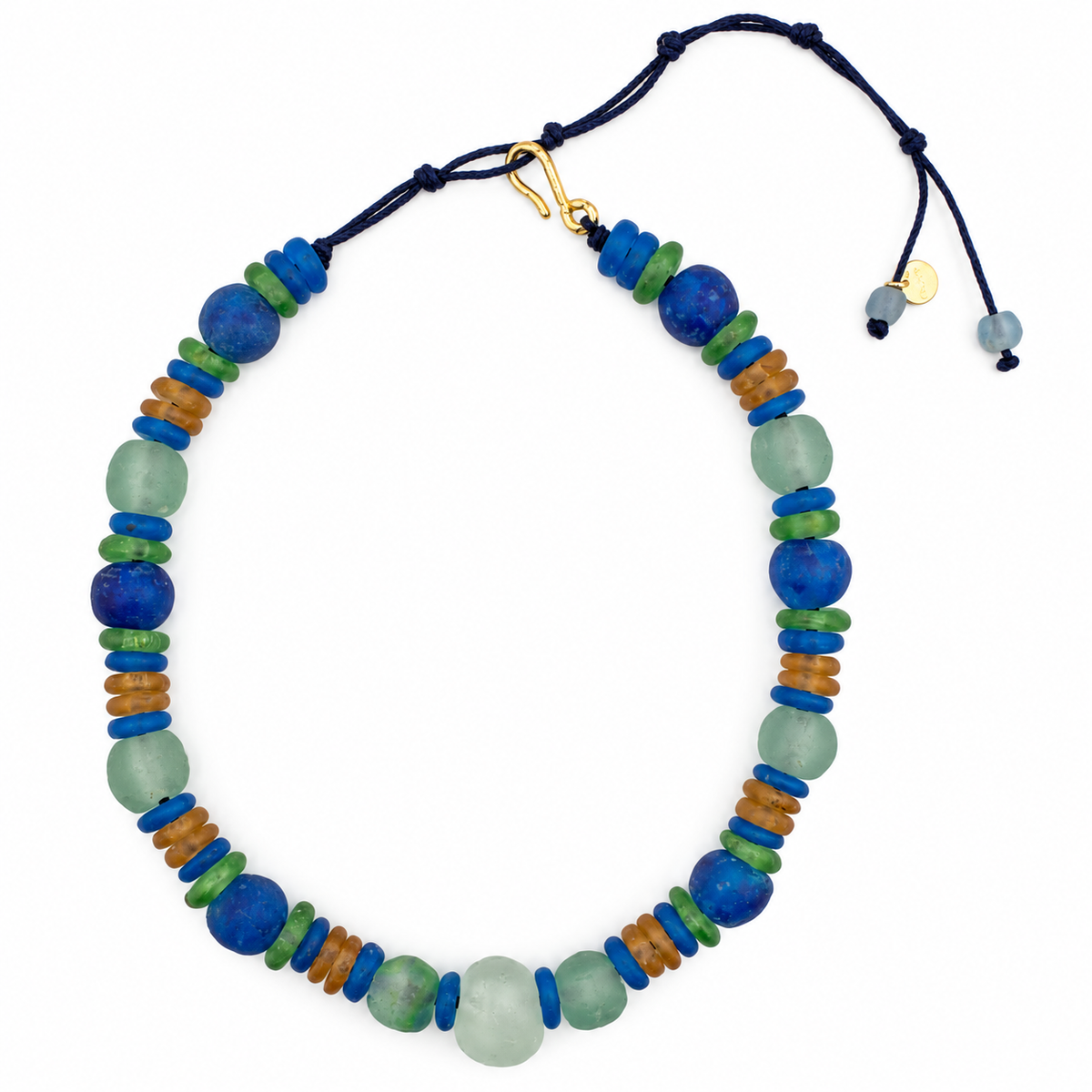 A beaded necklace featuring blue, green, and brown beads with a gold clasp and adjustable marine rope cord, 