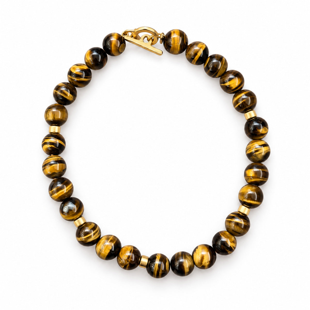 Tiger eye beaded necklace with a gold toggle claps on a white background